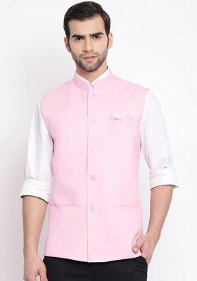 Pink Solid Poly Blend Nehru Jacket For Men