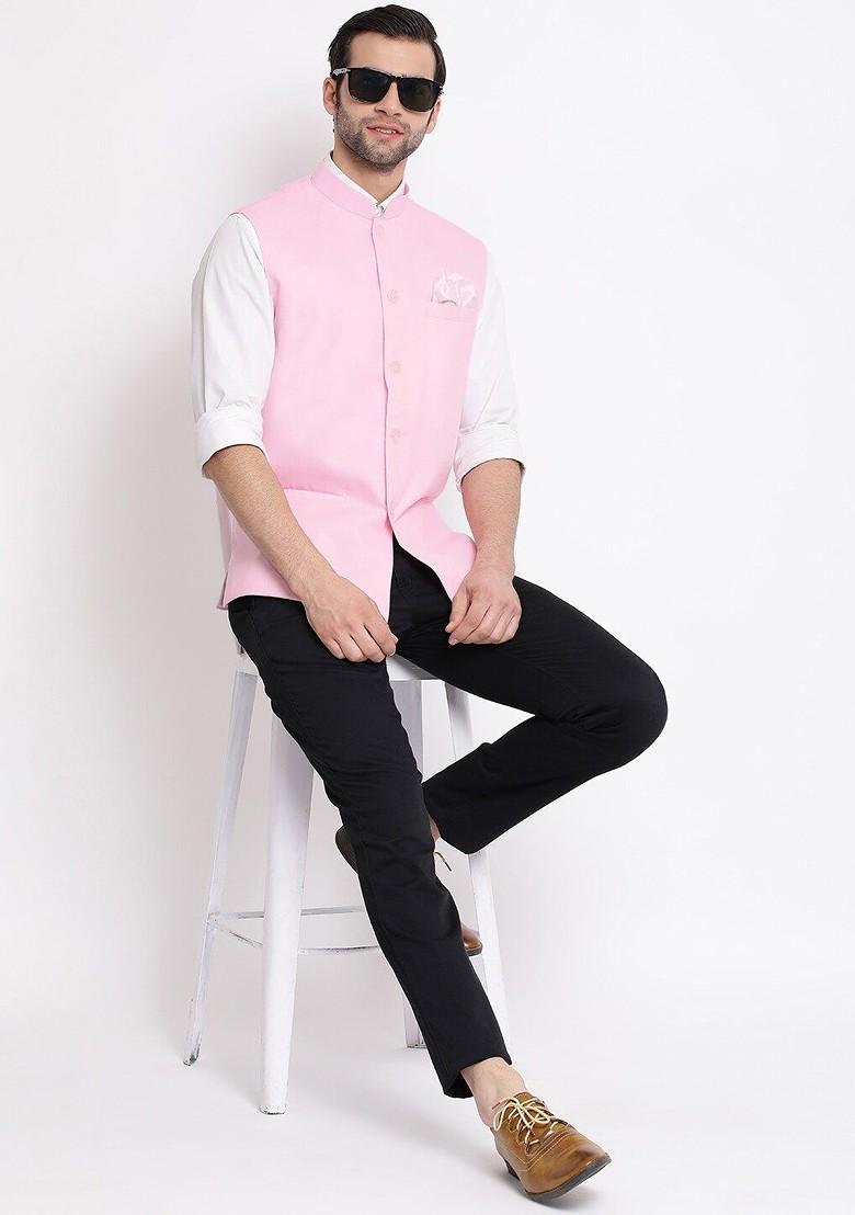 Pink Solid Poly Blend Nehru Jacket For Men