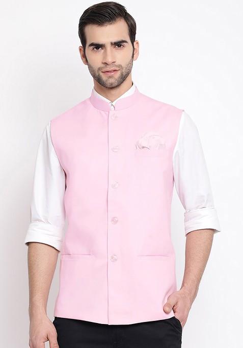 Pink Solid Poly Blend Nehru Jacket For Men — view on Indya
