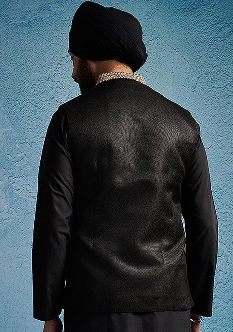 Black Woven Cotton Nehru Jacket For Men