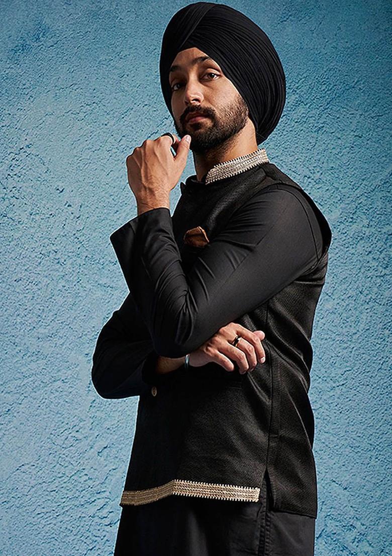 Black Woven Cotton Nehru Jacket For Men