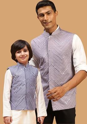 Purple Embroidered Poly Blend Nehru Jacket For Men