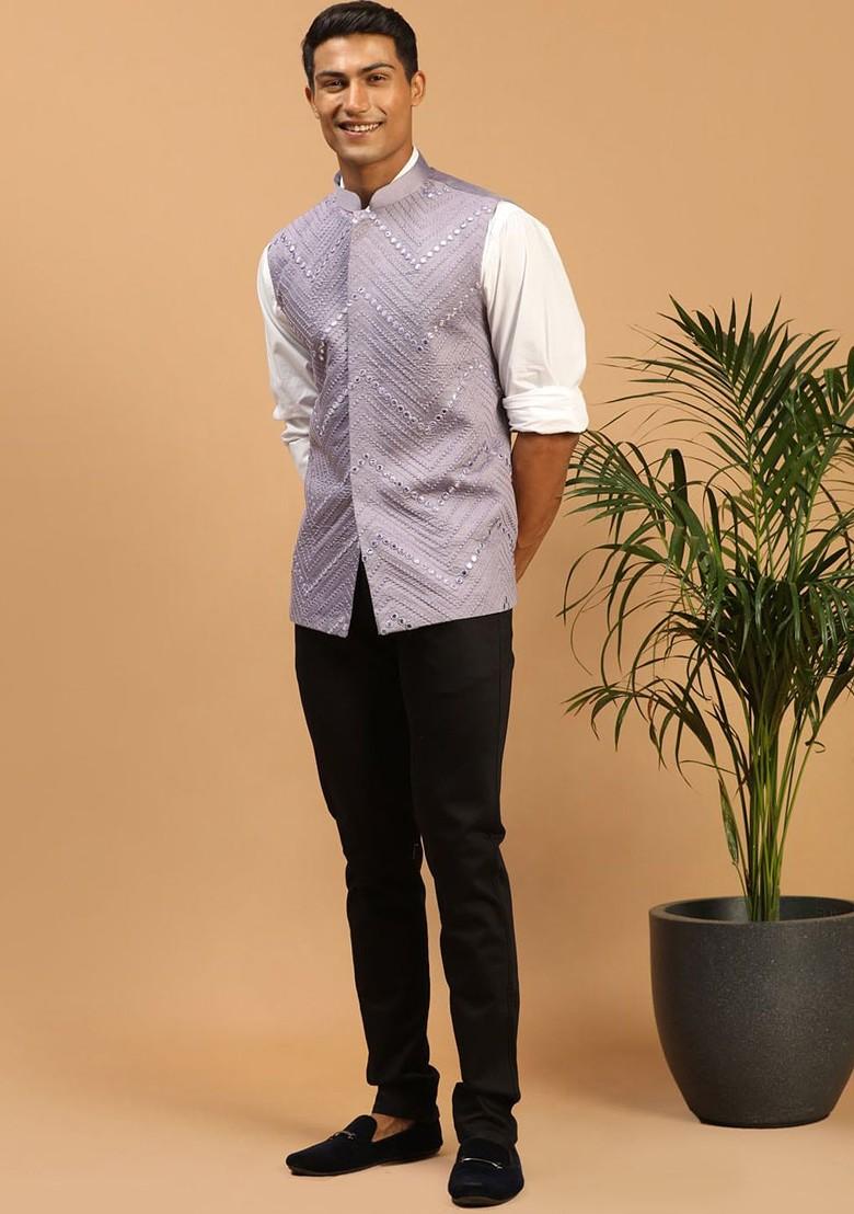 Purple Embroidered Poly Blend Nehru Jacket For Men