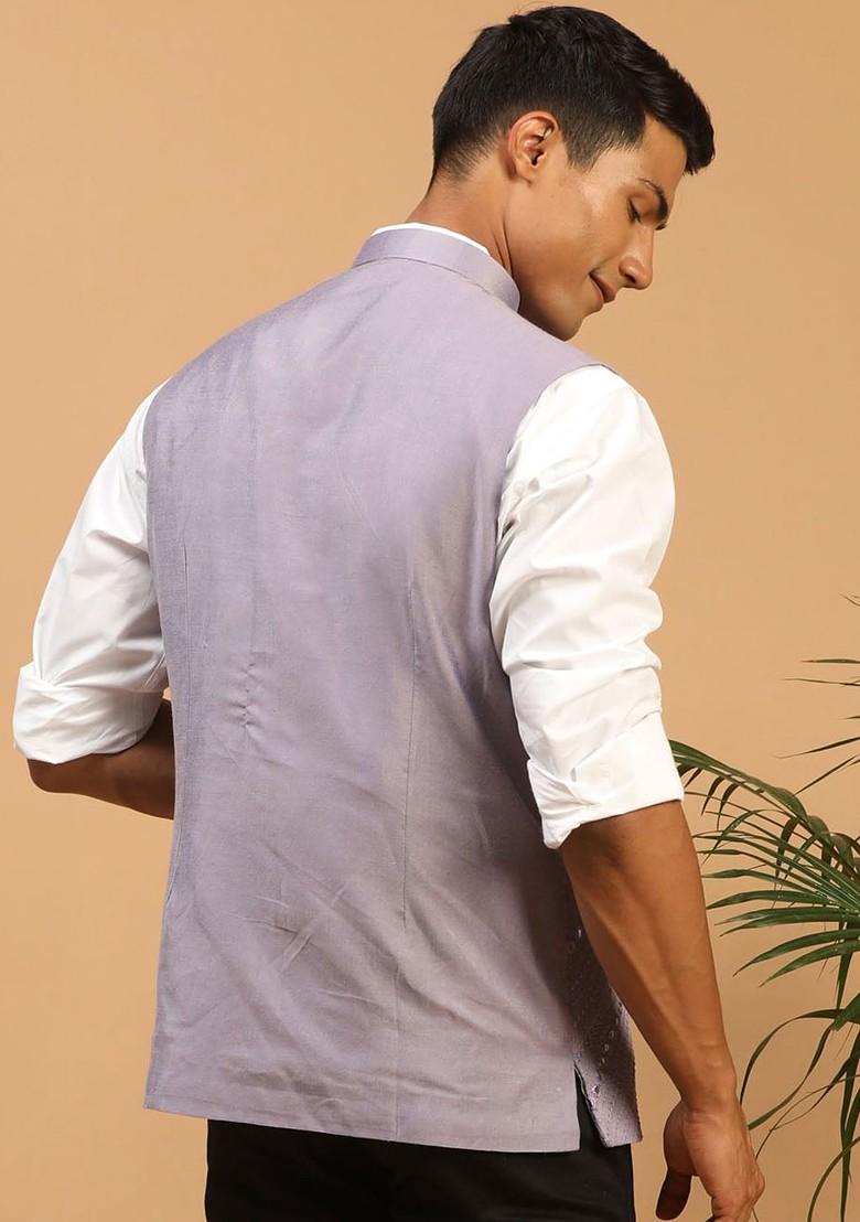 Purple Embroidered Poly Blend Nehru Jacket For Men