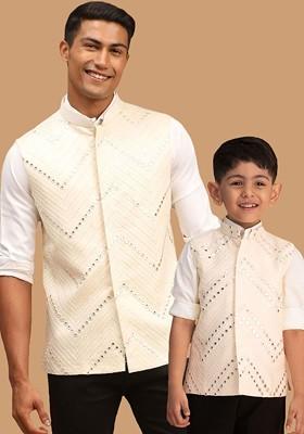 Cream Embroidered Poly Blend Nehru Jacket For Men