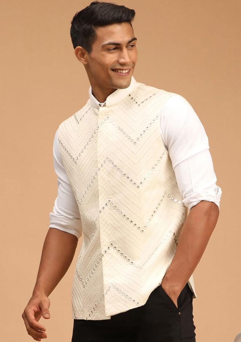Cream Embroidered Poly Blend Nehru Jacket For Men