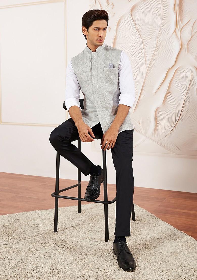 Grey Woven Poly Blend Nehru Jacket For Men