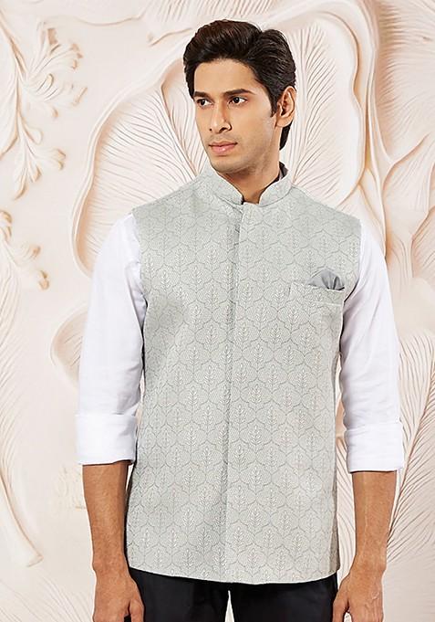 Grey Woven Poly Blend Nehru Jacket For Men — view on Indya
