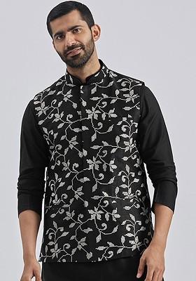 Black Embroidered Poly Blend Nehru Jacket For Men