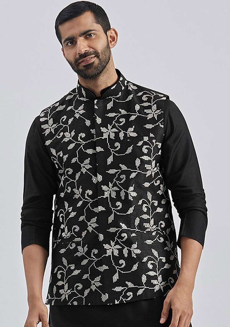 Black Embroidered Poly Blend Nehru Jacket For Men - Indya