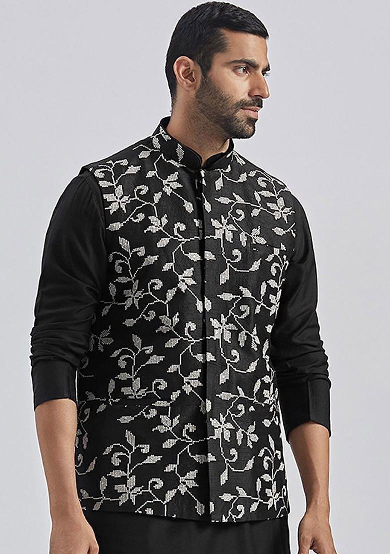 Black Embroidered Poly Blend Nehru Jacket For Men