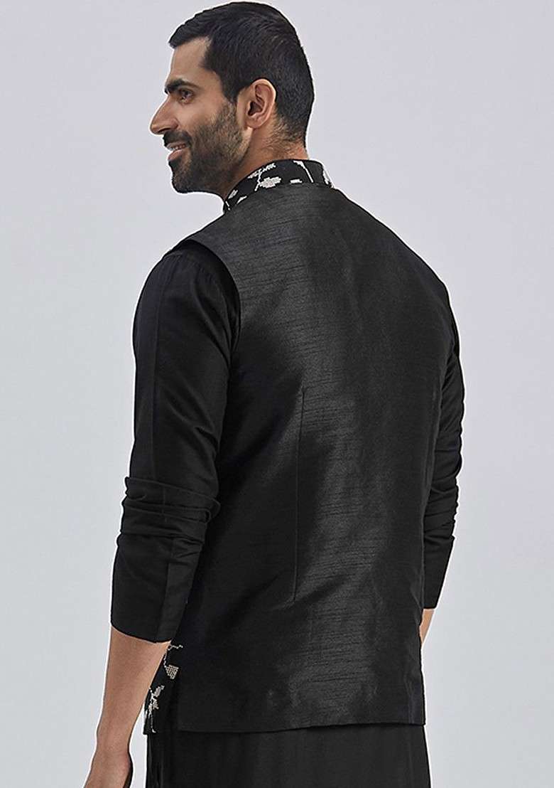 Black Embroidered Poly Blend Nehru Jacket For Men - Indya