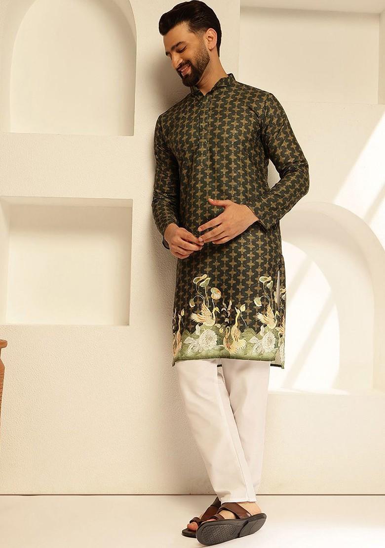 Green Embroidered Cotton Kurta For Men