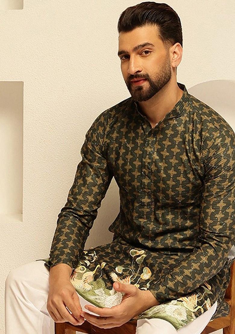 Green Embroidered Cotton Kurta For Men