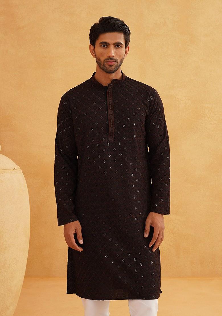 Coffee Brown Embroidered Cotton Kurta For Men