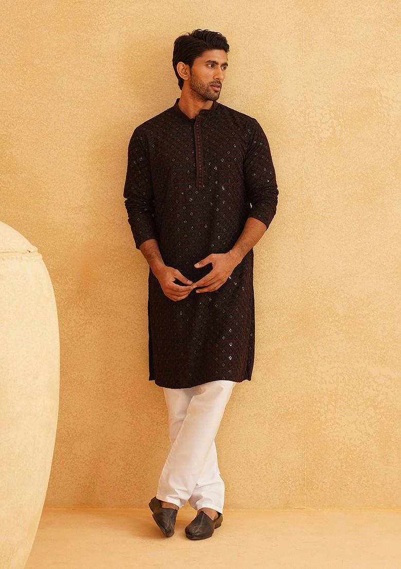 Coffee Brown Embroidered Cotton Kurta For Men
