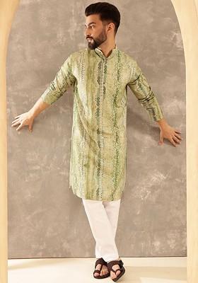 Green Ethnic Motifs Cotton Kurta For Men