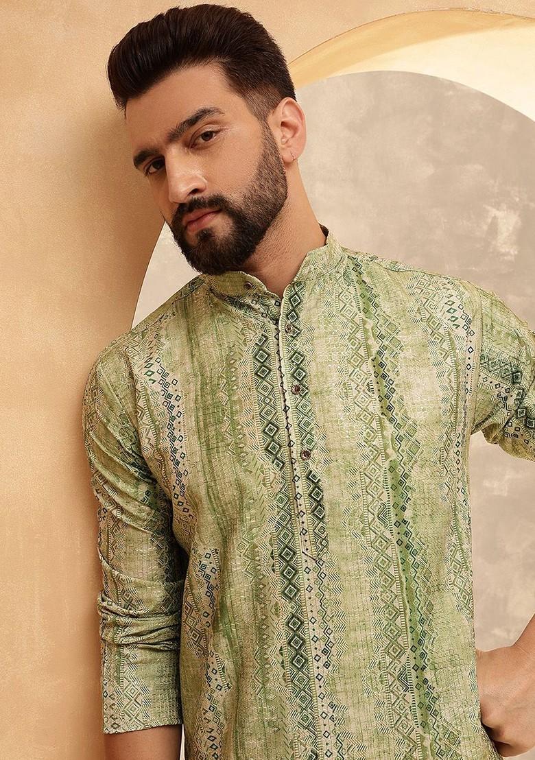 Green Ethnic Motifs Cotton Kurta For Men