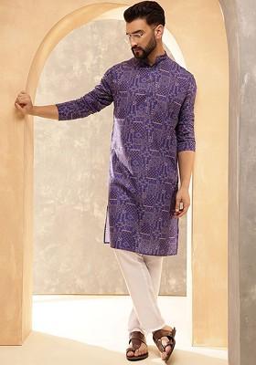 Purple Ethnic Motifs Cotton Kurta For Men