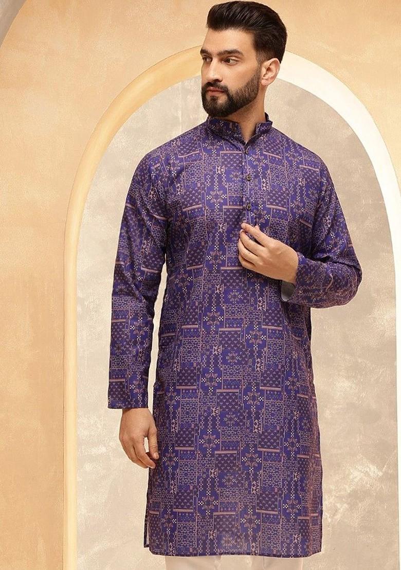 Purple Ethnic Motifs Cotton Kurta For Men