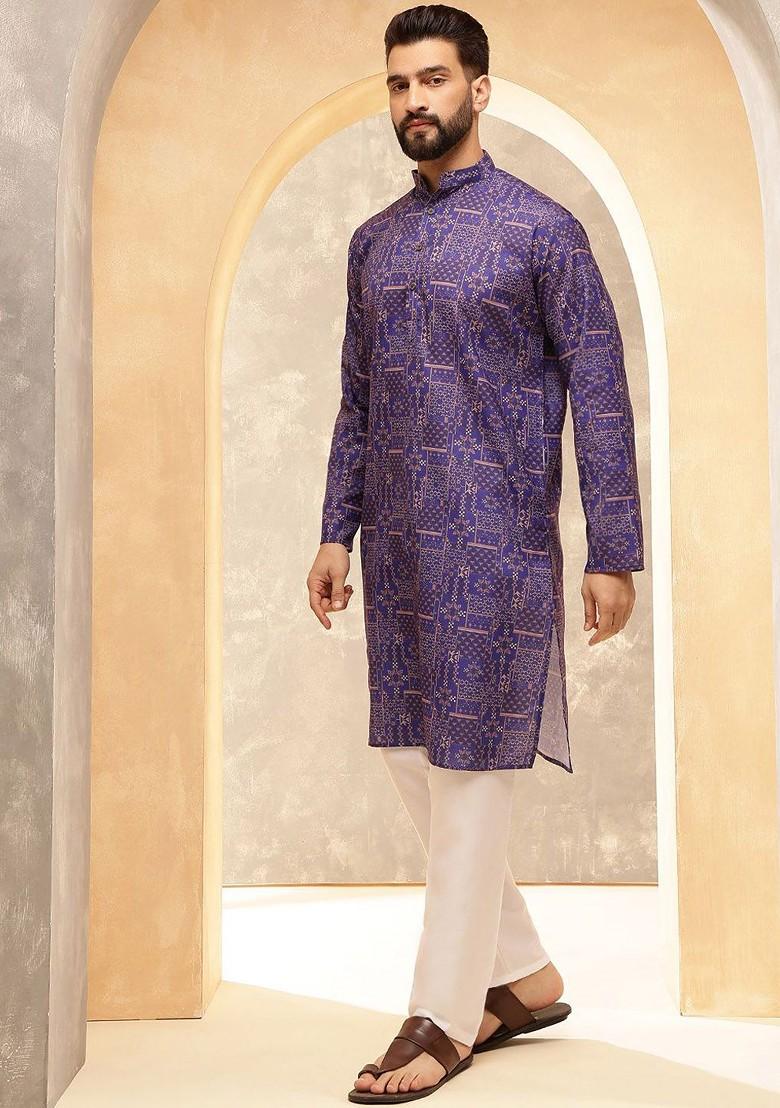 Purple Ethnic Motifs Cotton Kurta For Men