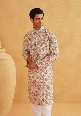 Cream Printed Poly Blend Kurta For Men