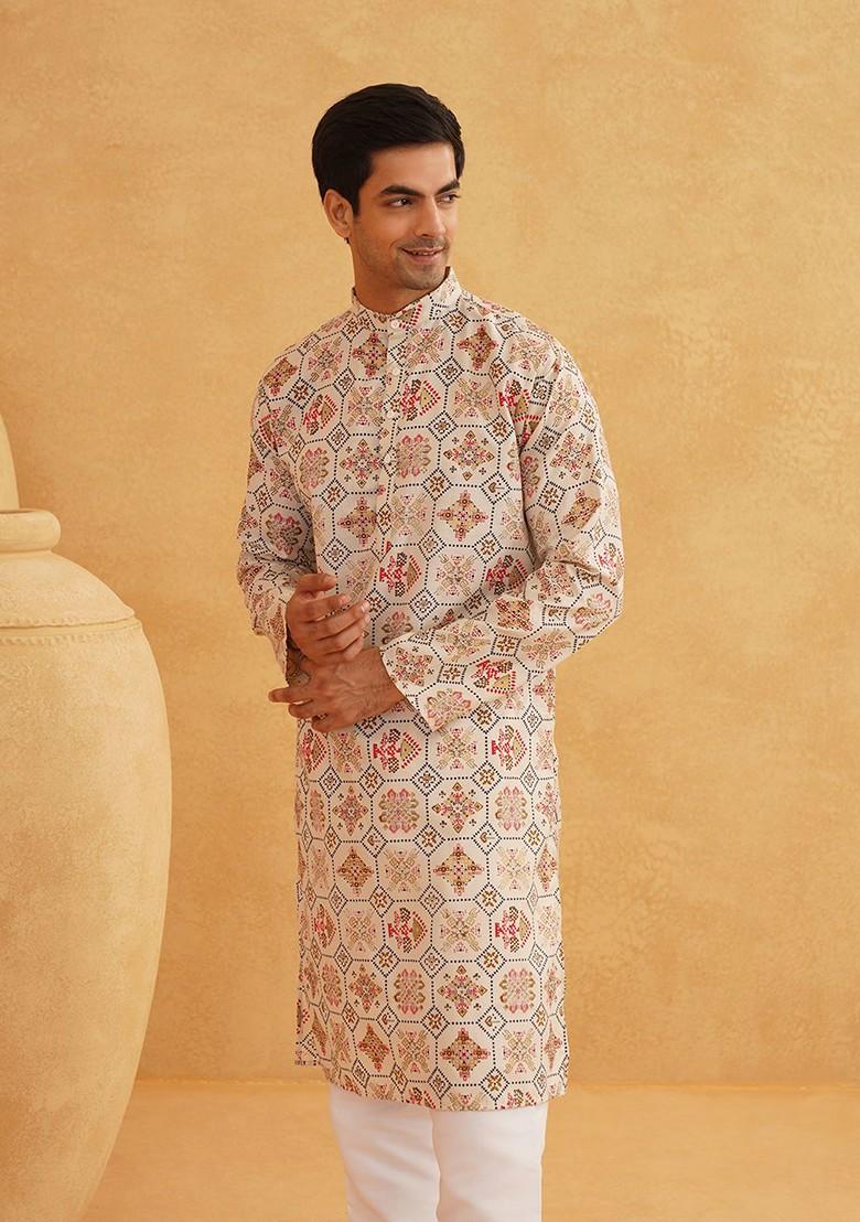 Cream Printed Poly Blend Kurta For Men