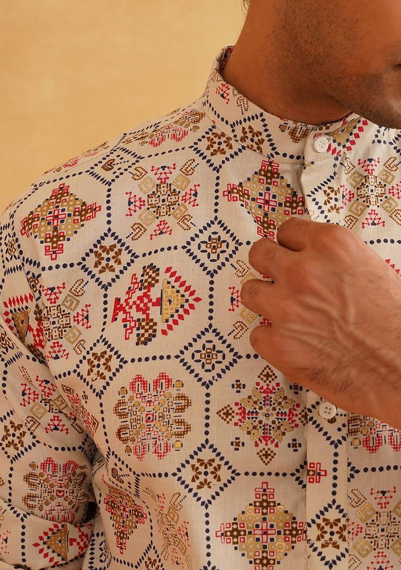 Cream Printed Poly Blend Kurta For Men