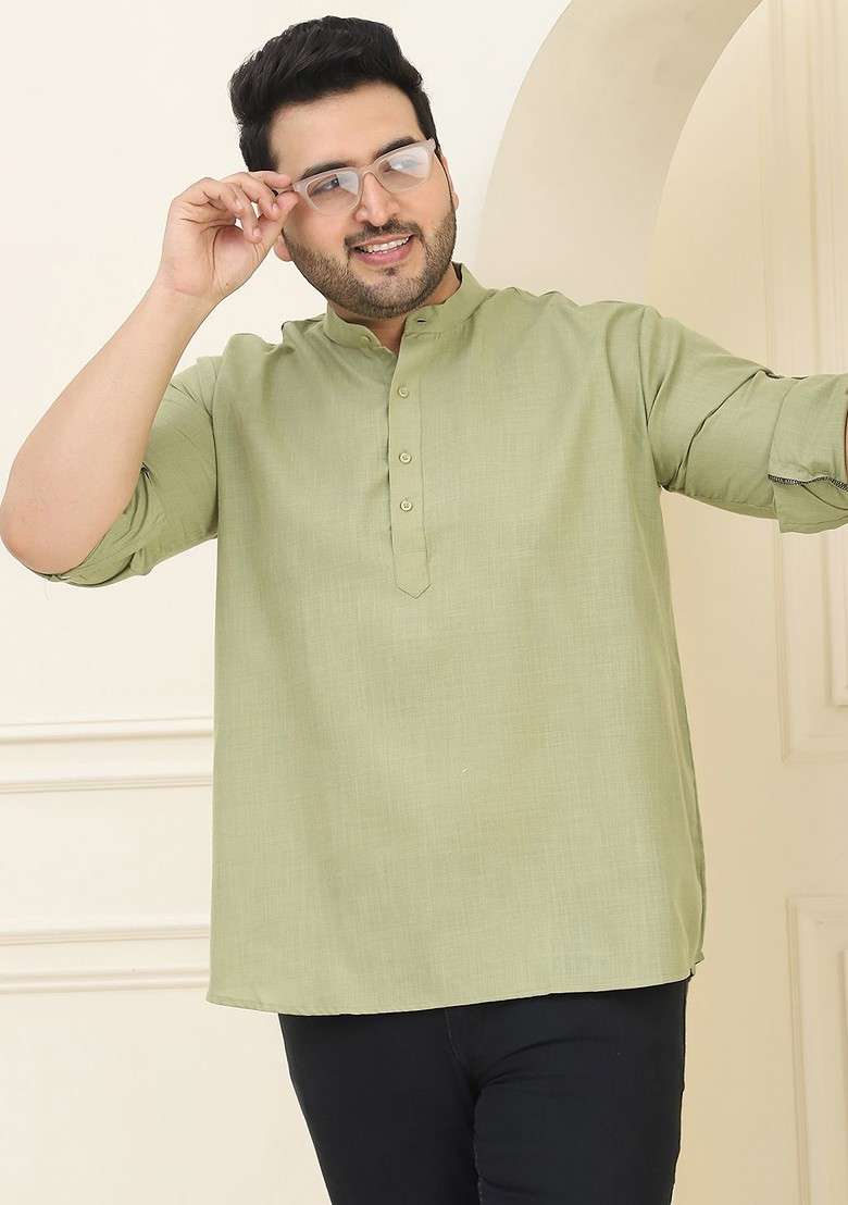 Green Solid Cotton Kurta For Men - Indya