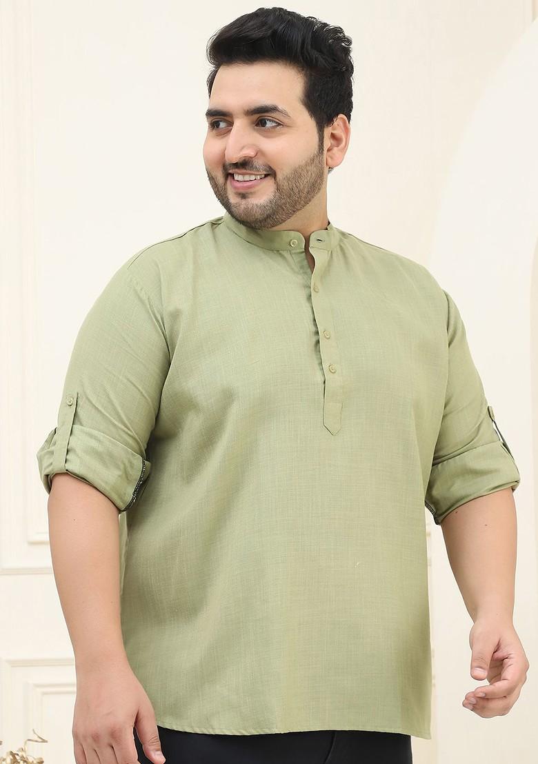 Green Solid Cotton Kurta For Men