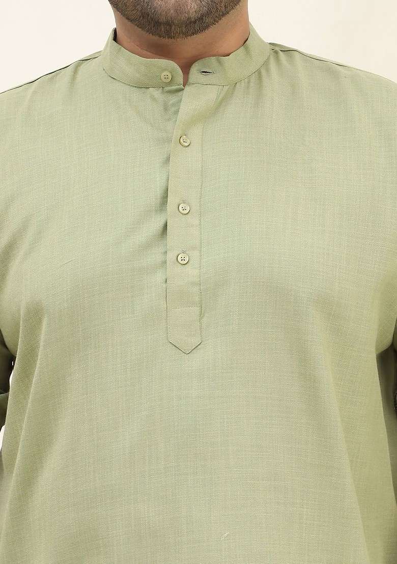 Green Solid Cotton Kurta For Men - Indya