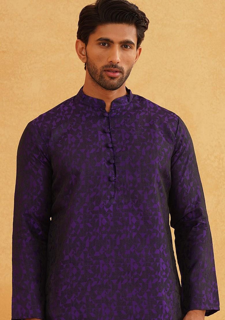 Purple Woven Poly Blend Kurta For Men