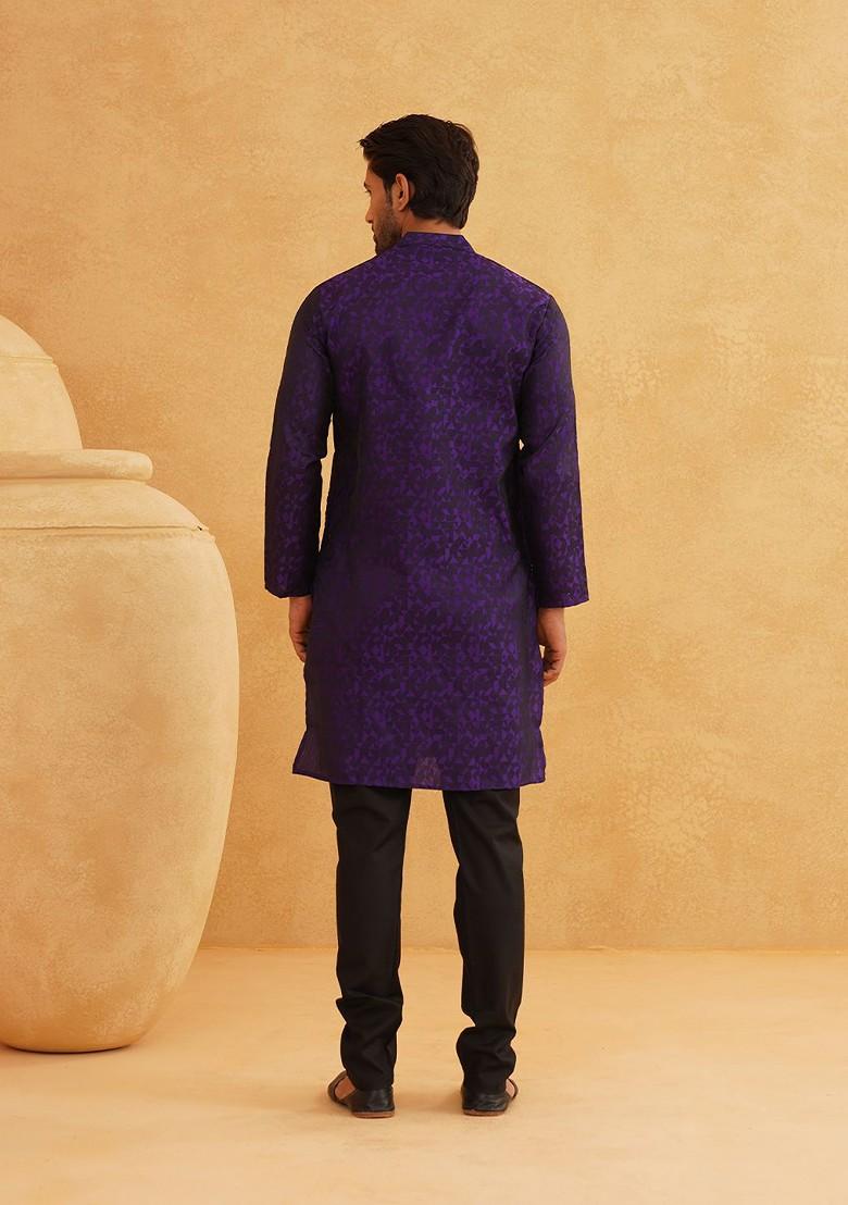Purple Woven Poly Blend Kurta For Men