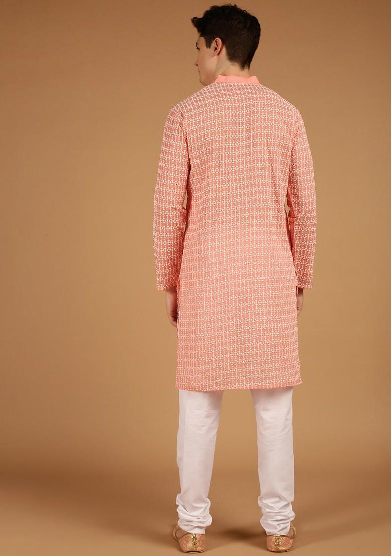 Peach Embroidered Cotton Kurta For Men