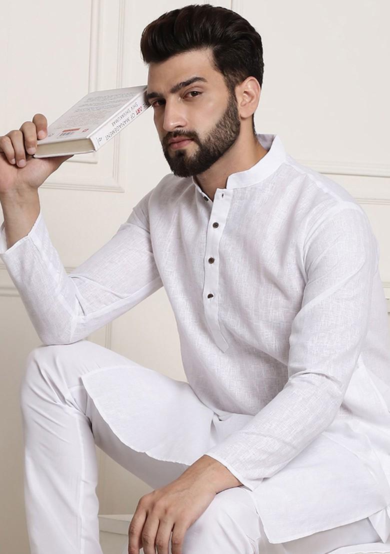 White Checked Poly Blend Kurta For Men