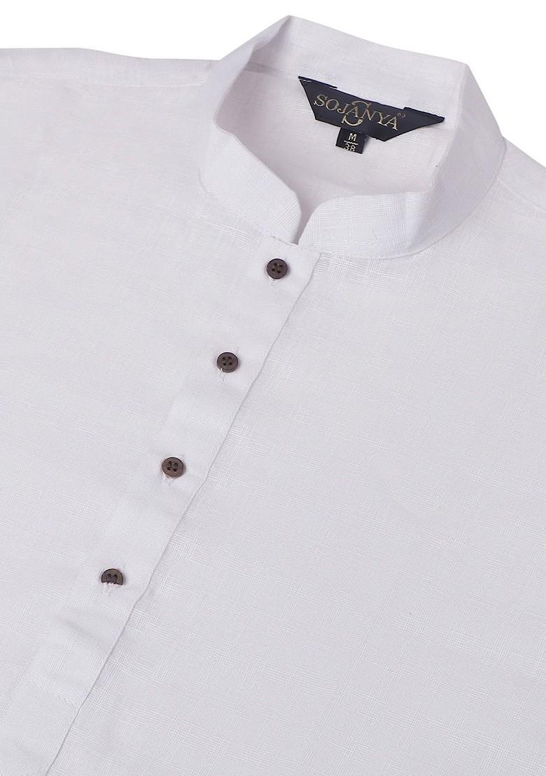 White Checked Poly Blend Kurta For Men