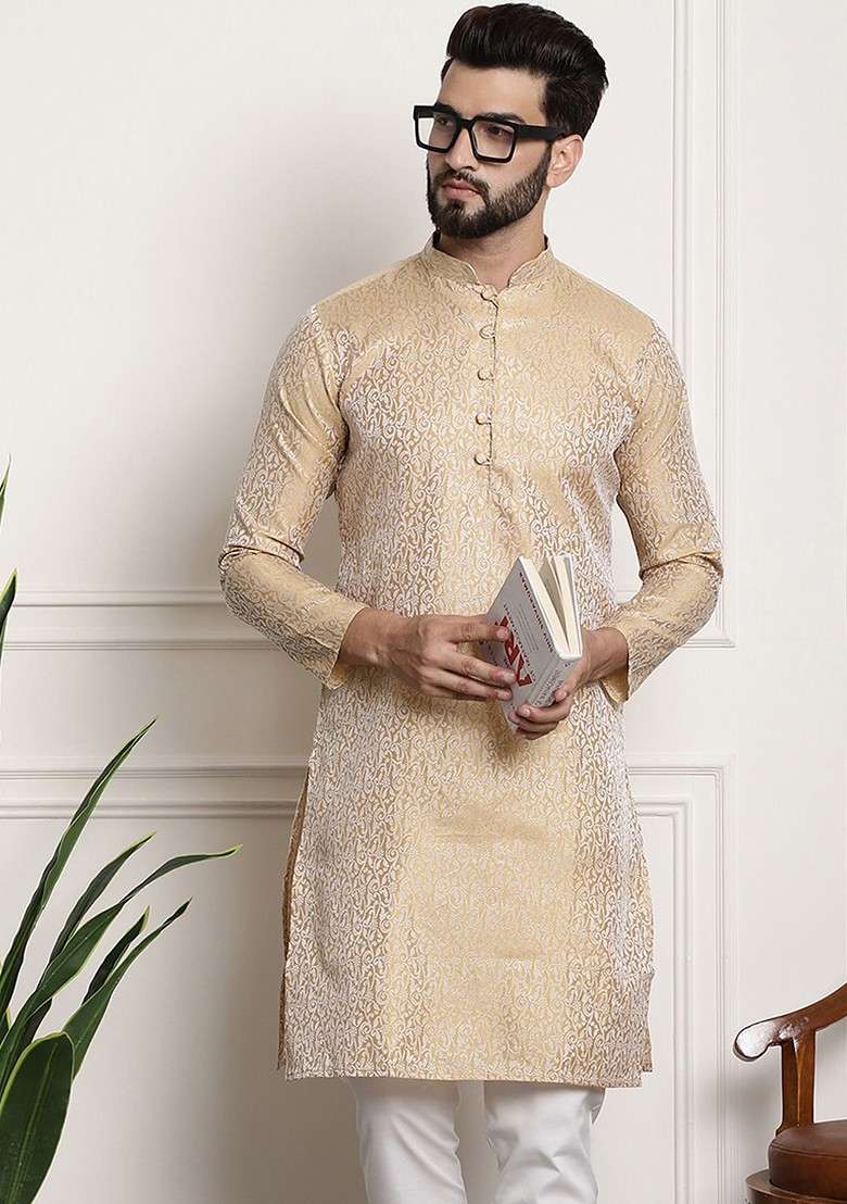 Gold Ethnic Motifs Jacquard Kurta For Men - Indya