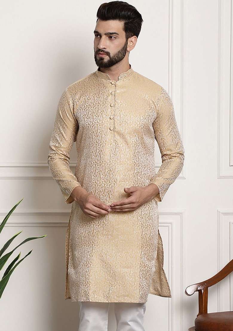 Gold Ethnic Motifs Jacquard Kurta For Men - Indya