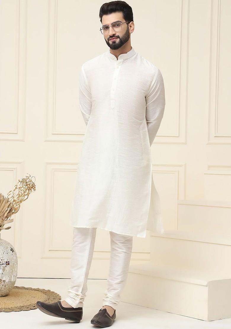 Off White Solid Jacquard Kurta For Men