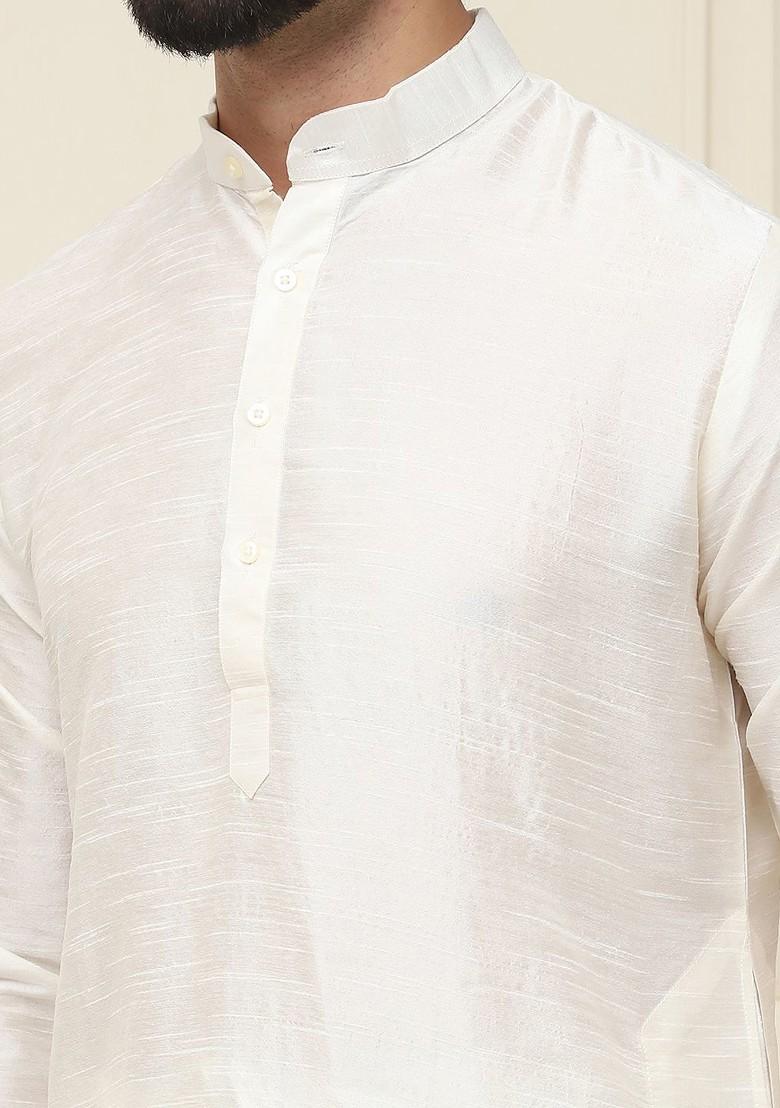 Off White Solid Jacquard Kurta For Men