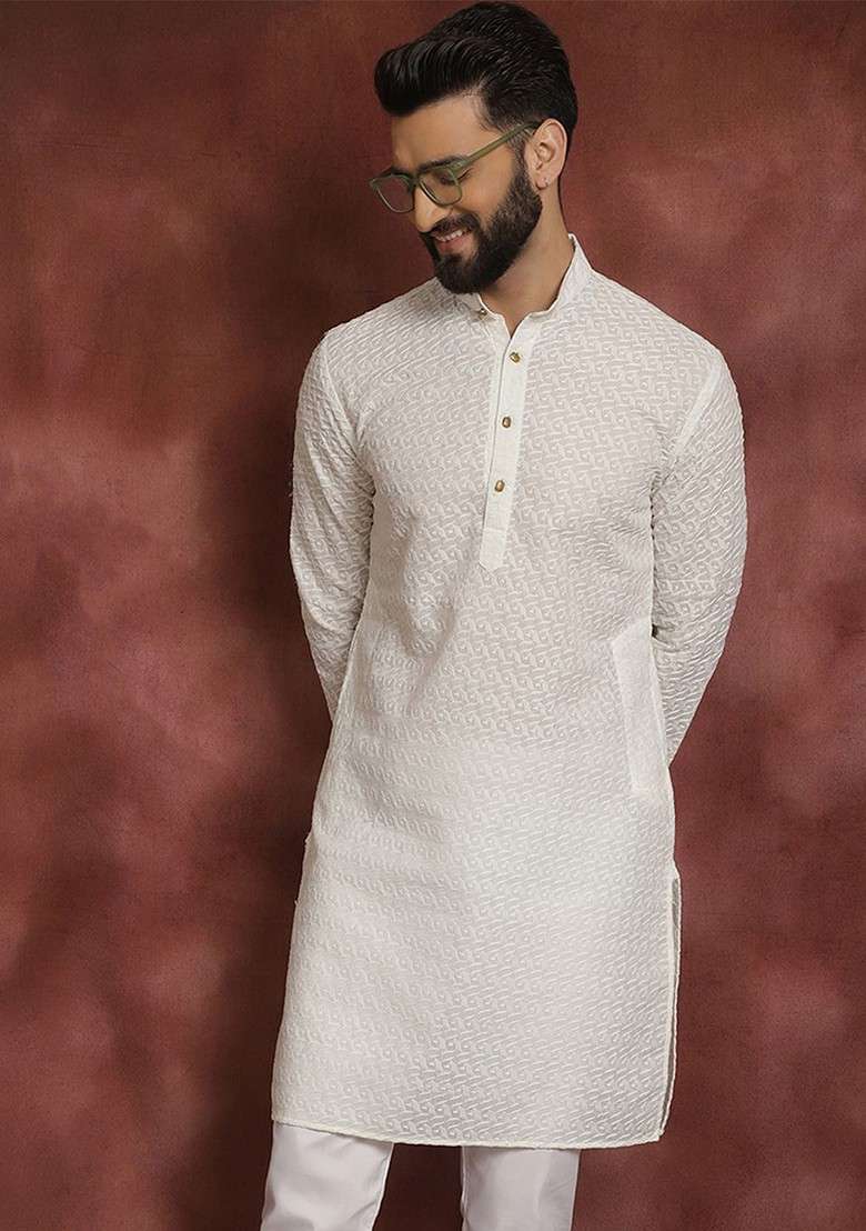 Off White Solid Poly Blend Kurta For Men - Indya