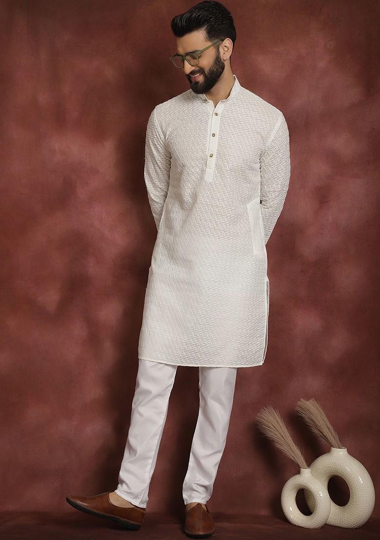 Off White Solid Poly Blend Kurta For Men