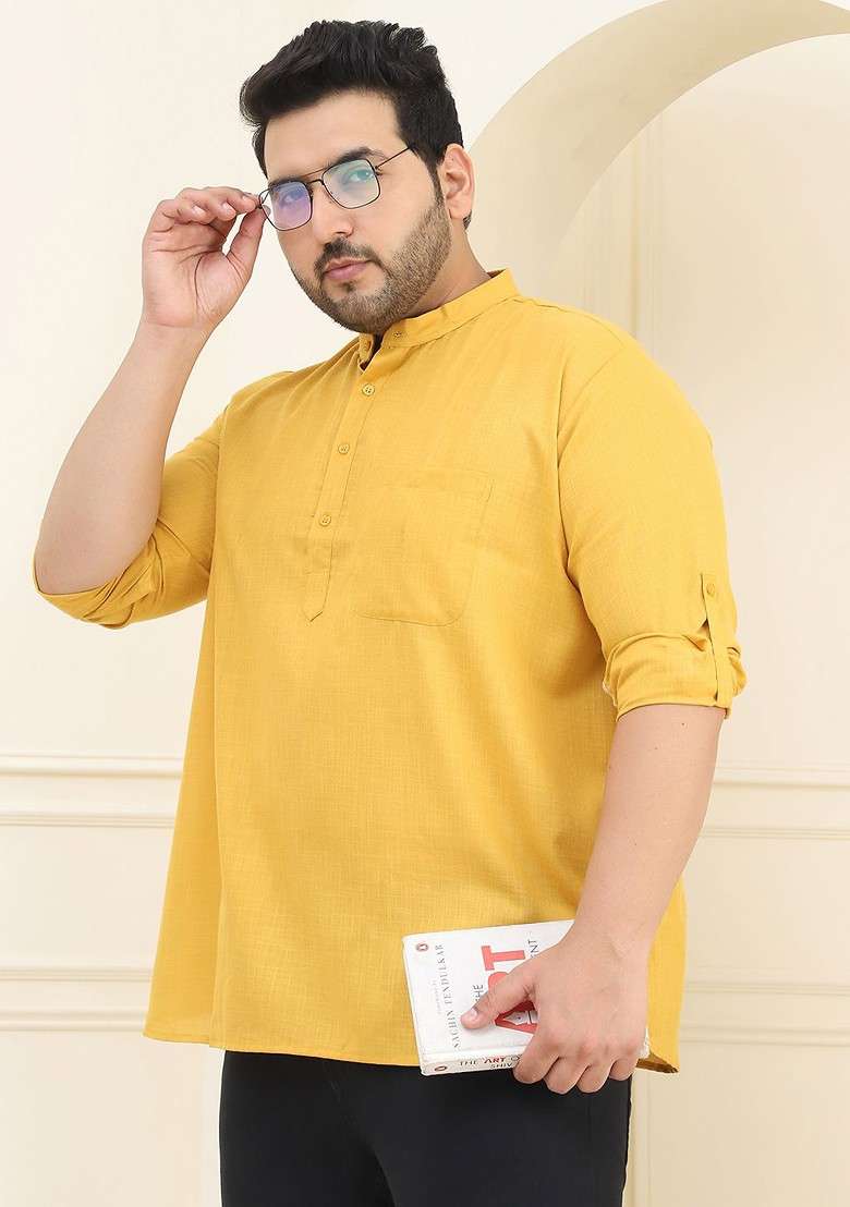 Mustard Solid Cotton Kurta For Men - Indya