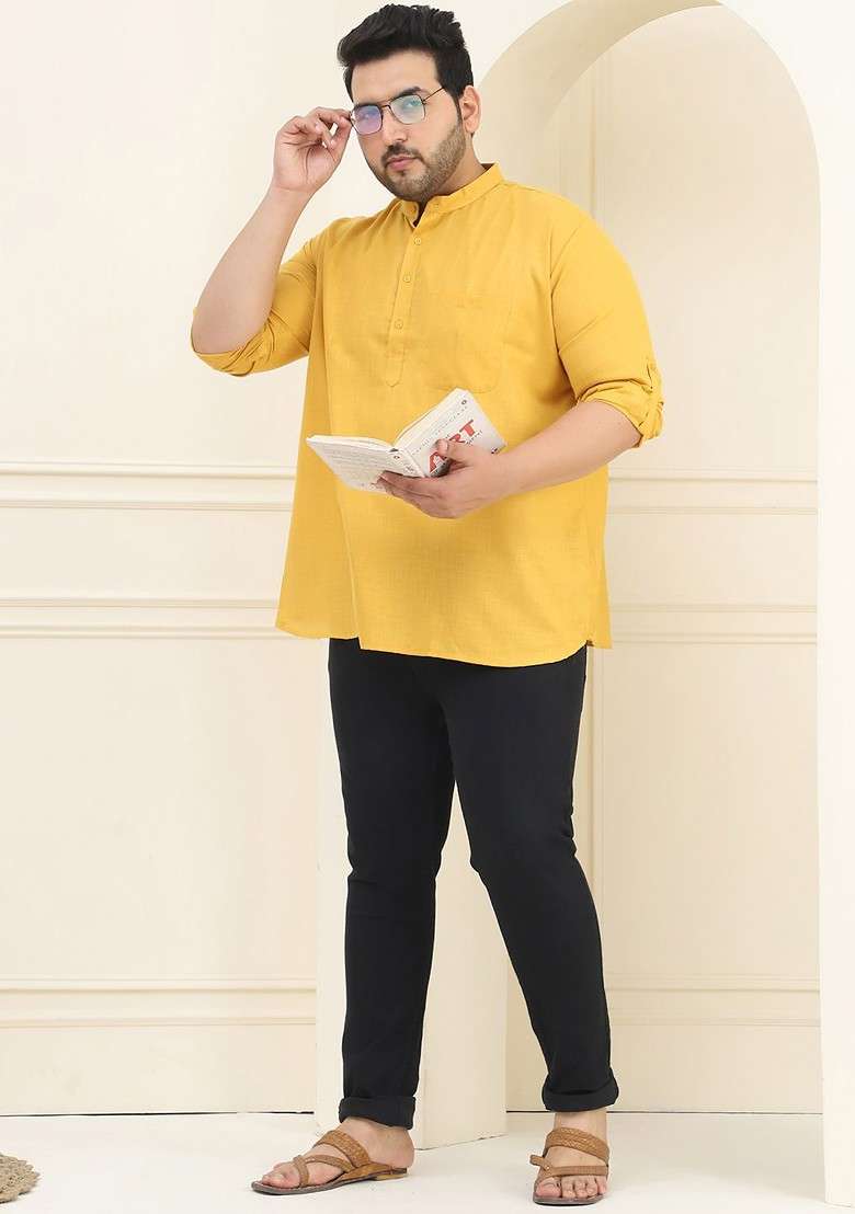 Mustard Solid Cotton Kurta For Men - Indya