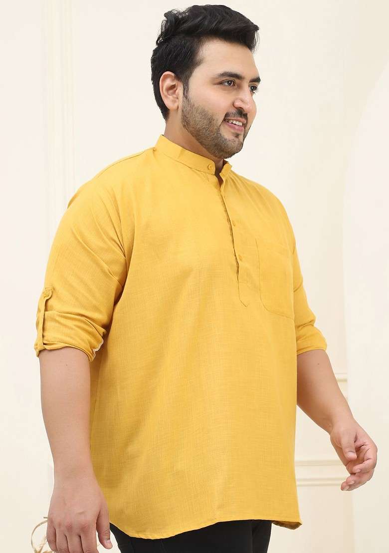 Mustard Solid Cotton Kurta For Men - Indya