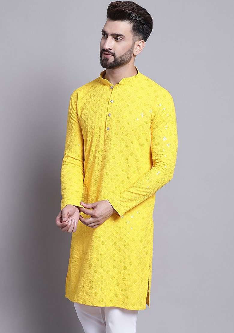 Yellow Embroidered Cotton Kurta For Men - Indya