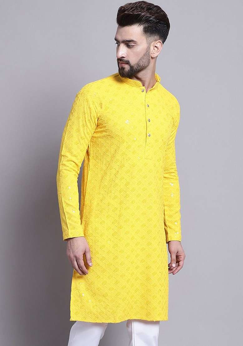 Yellow Embroidered Cotton Kurta For Men - Indya