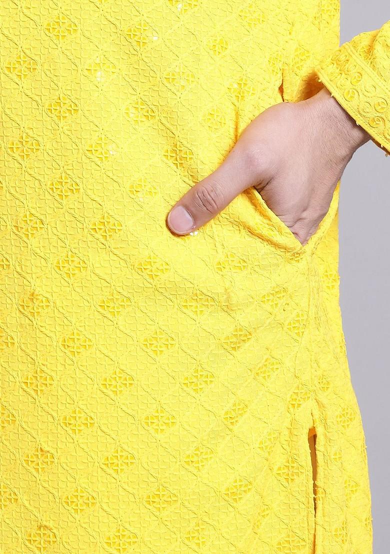 Yellow Embroidered Cotton Kurta For Men