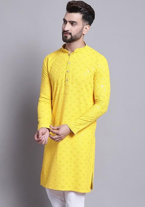 Yellow Embroidered Cotton Kurta For Men