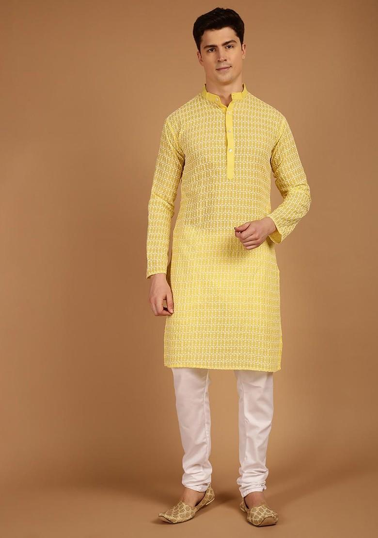 Yellow Thread Work Cotton Kurta For Men